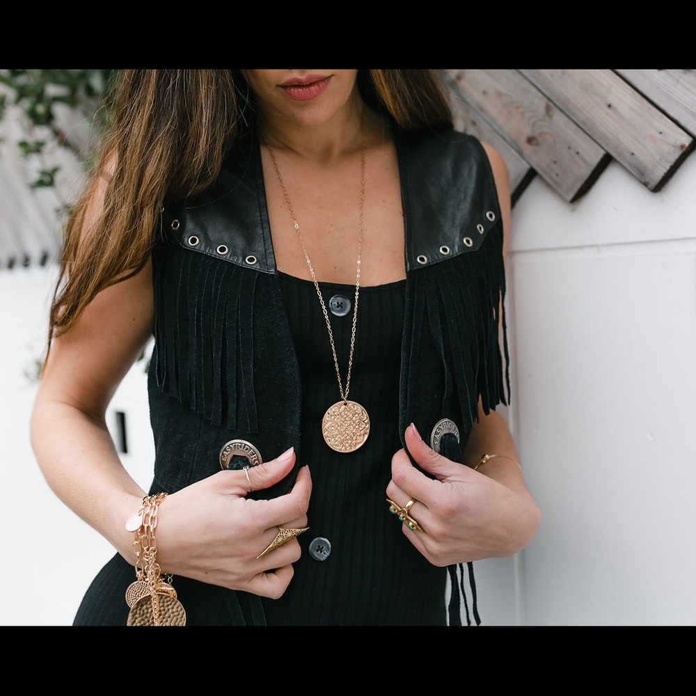 Vintage Black Leather & Suede Fringe Silver Concho Biker Vest Jacket Biker Boho